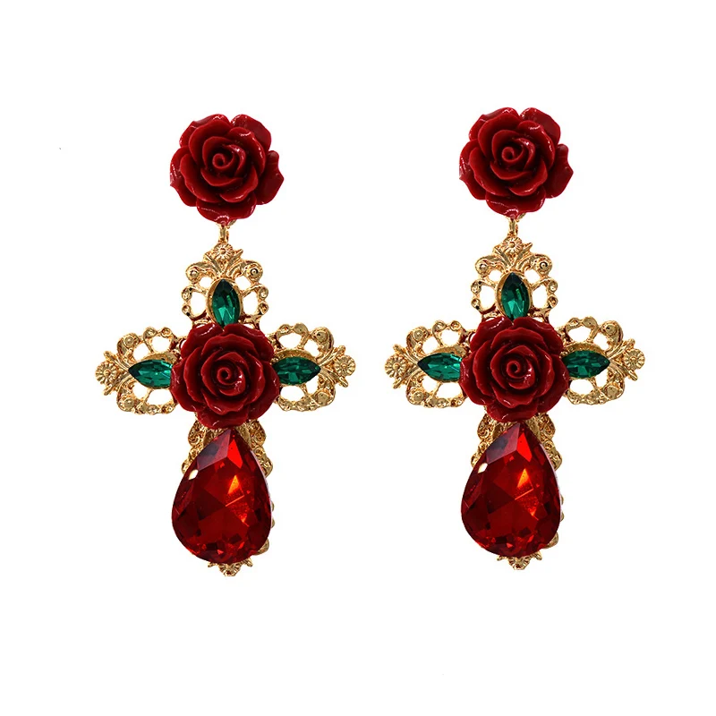 

Vintage Baroque Rose Pendants earrings for Women Cross Drop Earrings Exaggerated Style Party Show 2019 Fashion Jewelry