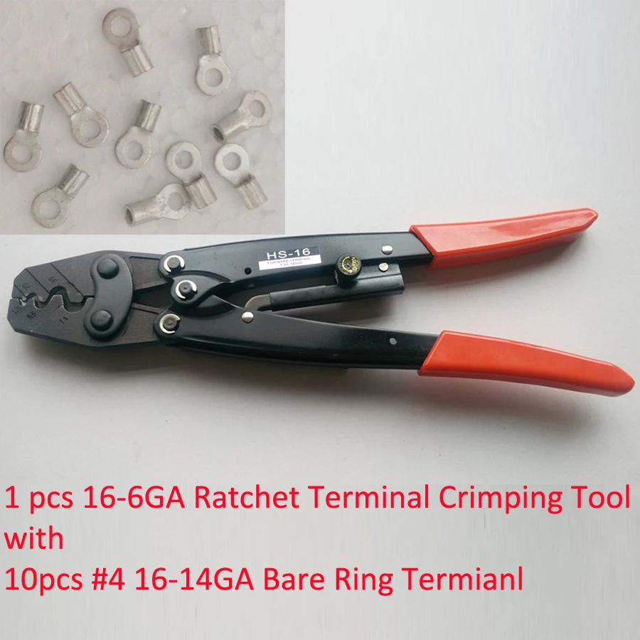

Crimping tool AWG16-6 HS-16 with 10pcs Non-insulated Wire Ring Terminal Connector 16-14AWG and Ratchet Terminal Crimper