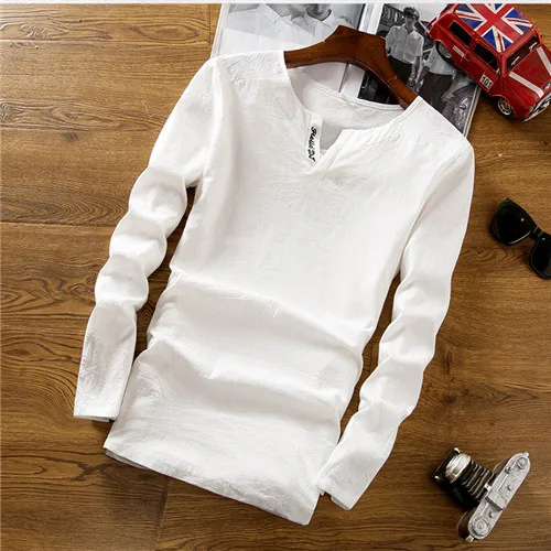 Летняя винтажная Мужская рубашка бренда большого размера мужская с v-образным вырезом хлопковая с длинным рукавом льняная рубашка плюс размер одежда M-6XL - Цвет: Белый