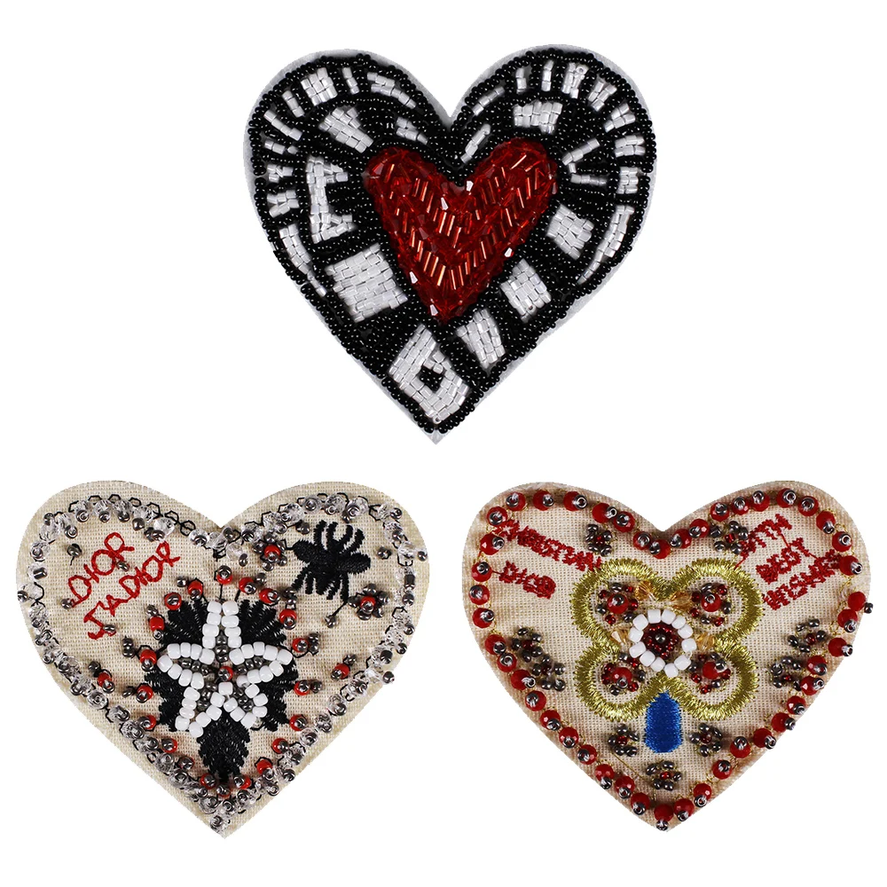 Beaded Crystal Heart Rhinestones Design Patches Sew on Badge Applique Motif Set