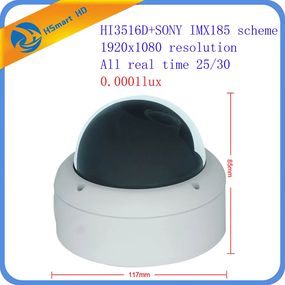 

HI3516D+SONY IMX 185 1920x1080P 2MP Dome Starlight IP Camera POE 1080P 0.0001Lux Low Lux Day/Night Full Color H.264/H265 Cameras