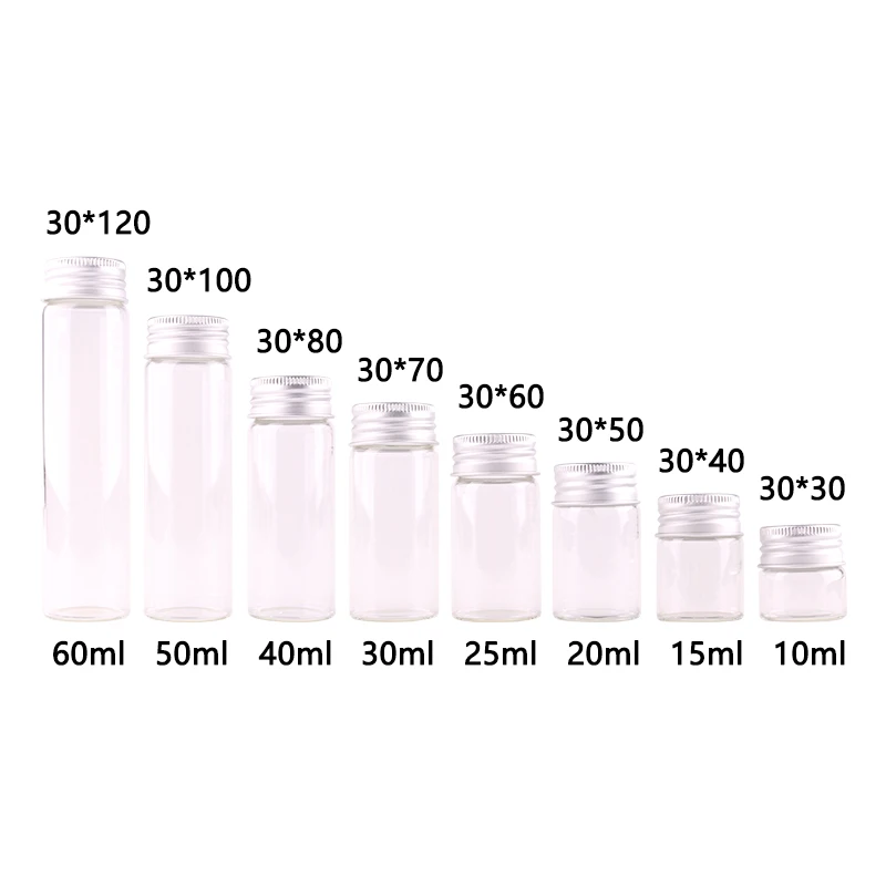 

10ml 15ml 20ml 25ml 30ml(1OZ) 40ml 50ml 60ml(2OZ) Transparent Glass Spice Bottles Jars Terrarium with Silver Screw Cap Lid 24pcs