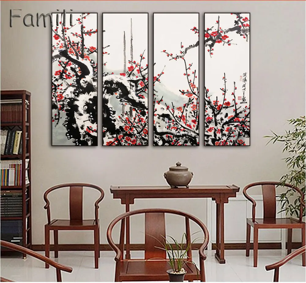 

4 Piece Modern Wall Art Home Decor Printed Oil Painting Picture Chinese Plum Blossom Orchid Bamboo Chrysanthemum For Bedroom