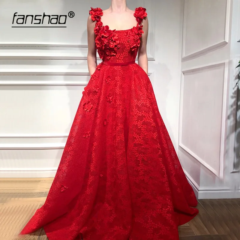 

2019 Muslim Evening Dresses Spaghetti Straps Lace Flowers Pocket Dubai Saudi Arabic Evening Gown Boho Prom Dress