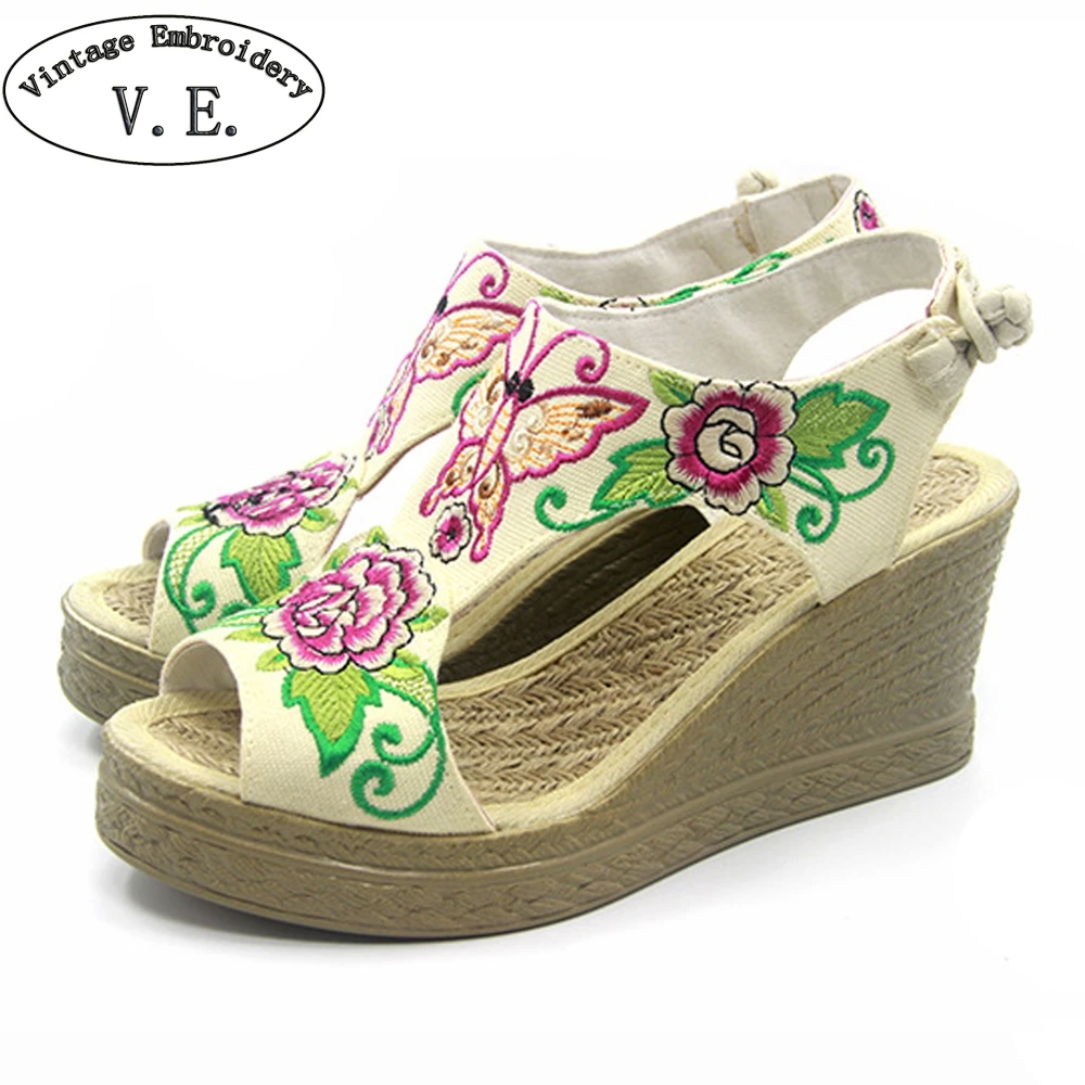 

Woman Summer Sandals Floral Embroidered Canvas Wedges Platform Shoes Ladies Casual Peep Toe Super High Heel Sandials Mujer