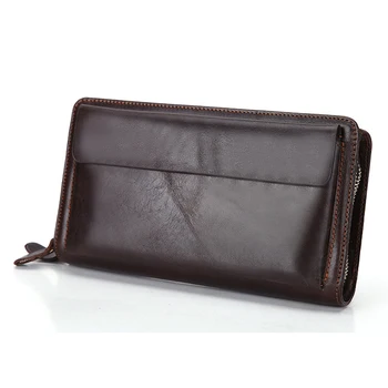 

Vintage Man Cowhide Genuine Leather Male Hand Clutch Bag Fashion Business Double Zipper Wallet High Capacity Purse Phone Holder