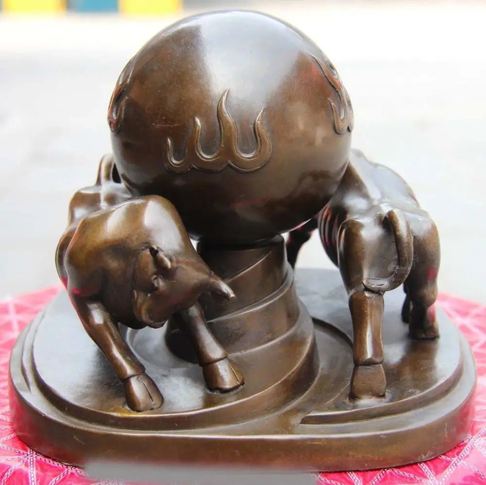 

Chinese Feng Shui Bronze Copper Wealth Two Bull Oxen Cow Ox Play Ball Art Statue