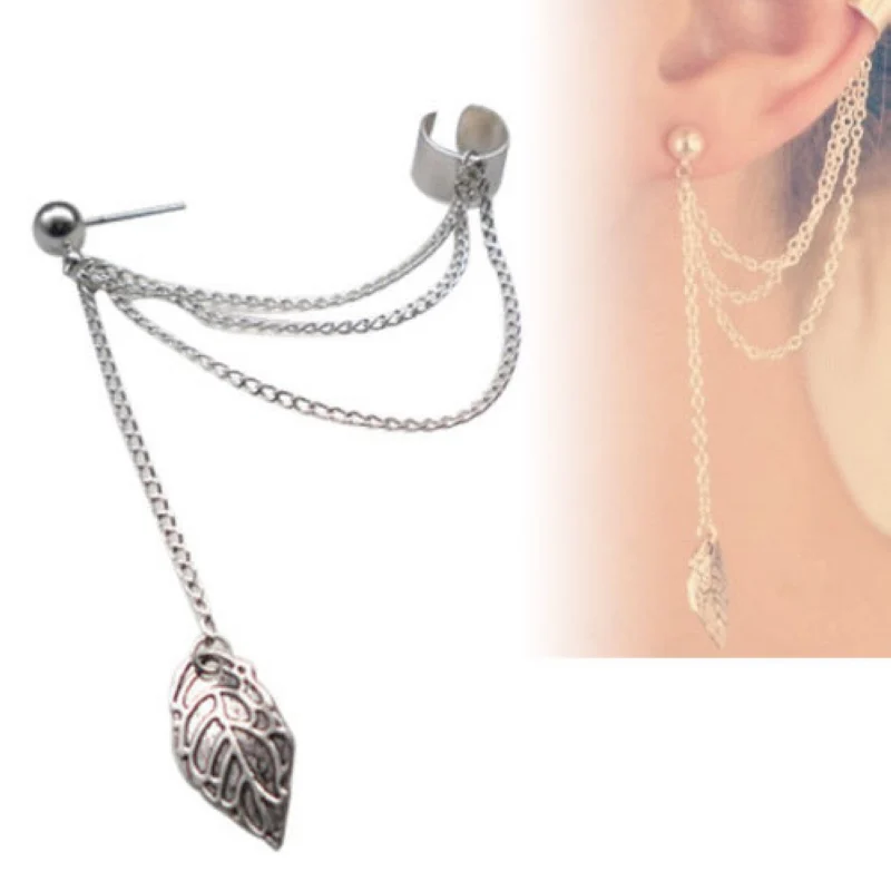 1pc Silver/Golden Chain Women Punk Rock Leaf Cuff Dangle Stud Tassel Earrings