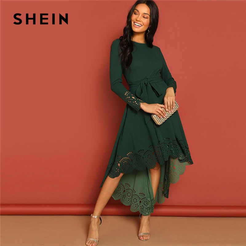 Goede SHEIN Groene Laser Cut Fit en Flare Belted Coquille Zoom Mid Taille Rits Terug Lange Mouwen Effen Jurk Herfst Vrouwen party Jurken