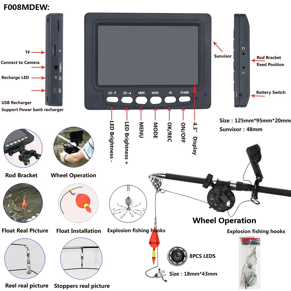 GAMWATER 4,3 дюймов Цвет видеорегистратор рекордер монитор подводный рыбалка видео Камера комплект 8 шт. ИК огни с взрыв рыболовные крючки