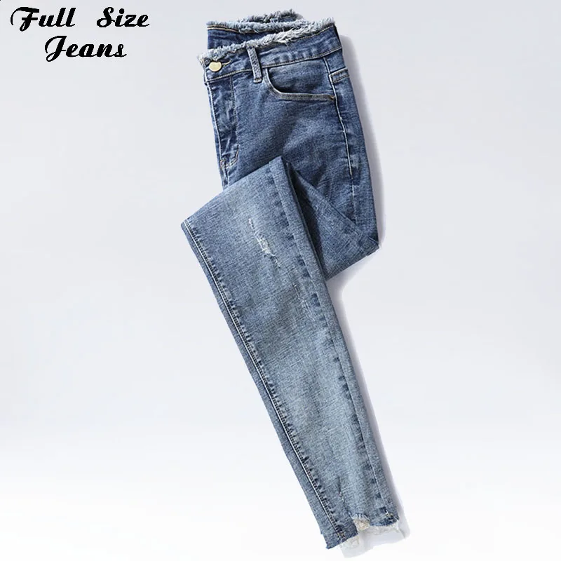 

Plus Size Extra Long Fringe Tassel Hem Ripped Skinny Jeans 4Xl 6Xl Light Blue Mom Stretch Lengthen Pencil Denim Pants Jean Femme