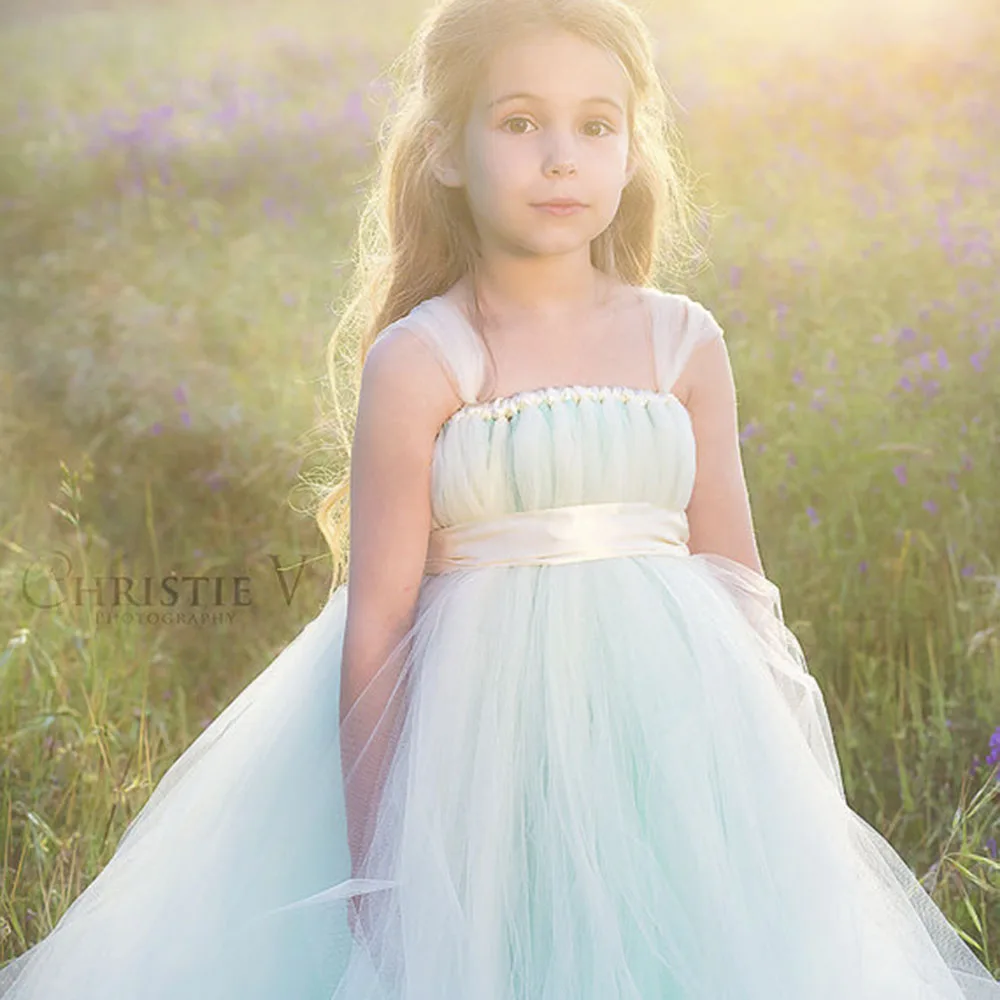 

Unique Mint Green Girl Dress with Floral Sash Tulle Straps Girl Tutu Dresses Wedding Party Girl Dress Prom Evening Clothing
