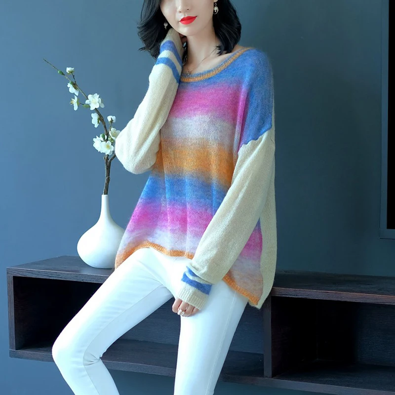 YISU цветной мохеровый свитер для женщин, осенний зимний пуловер, вязаный свитер, Повседневная вязаная одежда, свитер большого размера, свободный шерстяной свитер