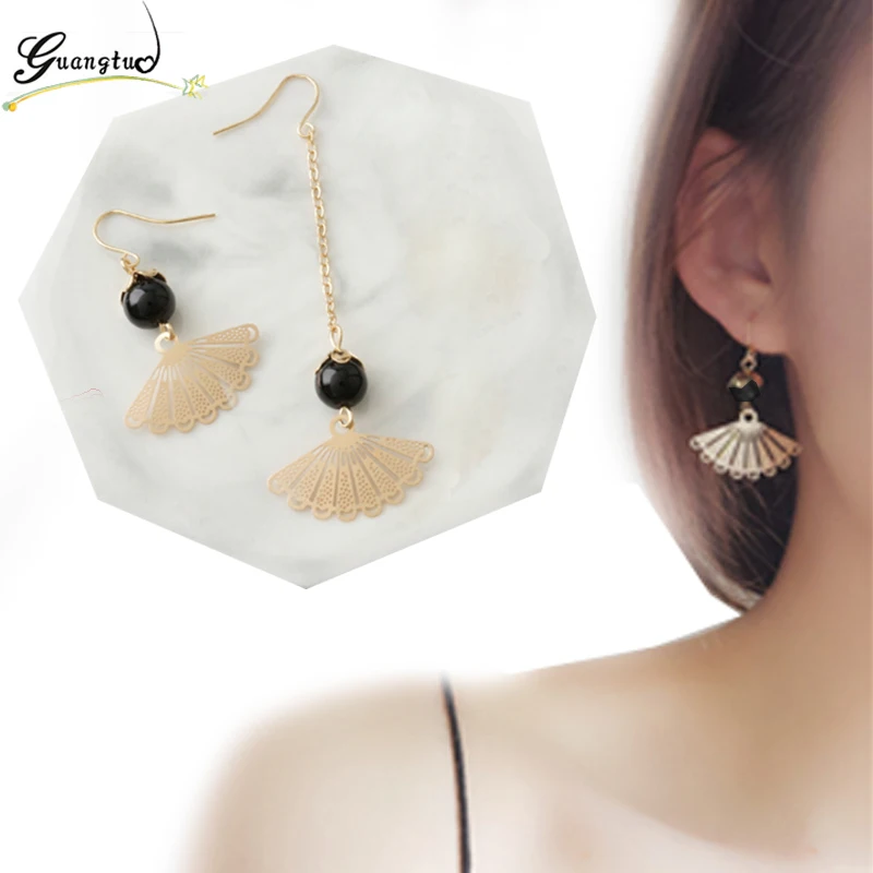 Vintage Fan Black Bead Asymmetry Drop Earrings For Women Retro Jewelry