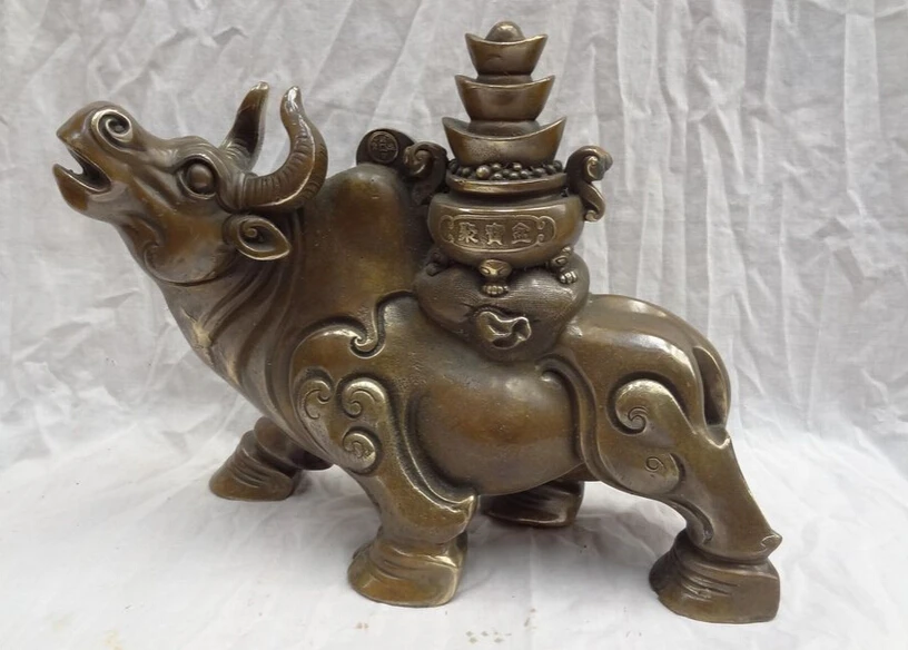 

JP S0114 11" Folk Chinese Bronze Copper Animal Wealth Coin YuanBao Zodiac Bull Ox Statue