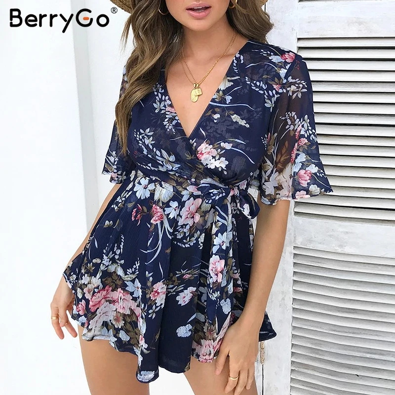 BerryGo повседневное цветочный принт playsuit для женщин sexy v образным вырезом плюс
