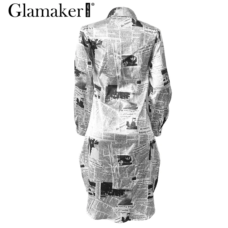 Glamaker, газетный принт, сексуальное платье-рубашка, для женщин, осень, длинный рукав, платье миди, уличная одежда размера плюс, блузка, Клубное платье, Vestido