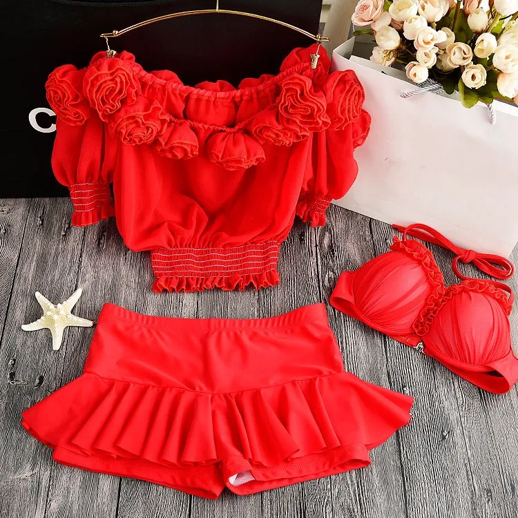 

New Sexy Flowers Handmade Three Pieces Bikini Set Women Swimsuit Brazilian Bikini 2018 Swimwear Swimsuit Ladies Biquinis