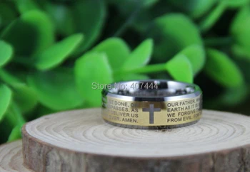 

YGK JEWELRY 8MM Gold Color Top Silver Edges The New Prayer's Men's Tungsten Wedding Rings