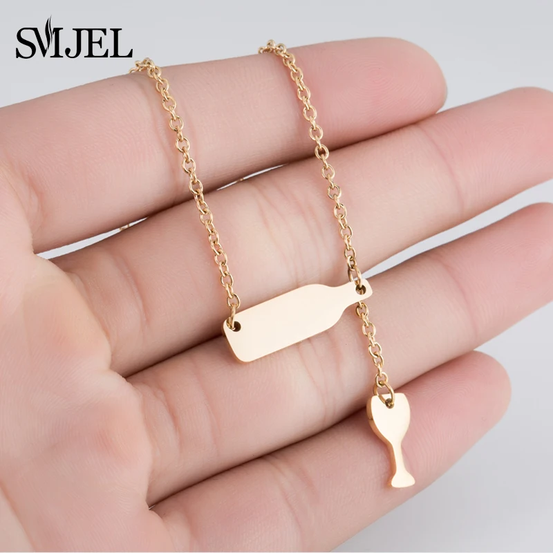 

SMJEL New Bottle Wine Cup Necklaces Women Stainless Steel Lariat Y Style Sweater Necklaces Long Chain Accessories Jewelry