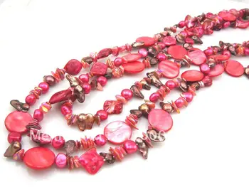 

free shipping bohemian long necklace fashion fresh water pearl and shell necklace red color beach style