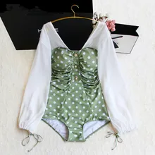 Новинка, сексуальный цельный купальник с v-образным вырезом, боди в зеленый горошек, женский кружевной купальный костюм с длинными рукавами, летняя пляжная одежда для плавания