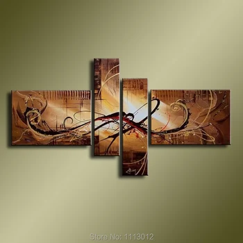 

Hand-painted Peacock Modern Line Brown Letter Knife Oil Painting On Canvas 4 Panel Art Sets Home Wall Decor For Living Room Sale