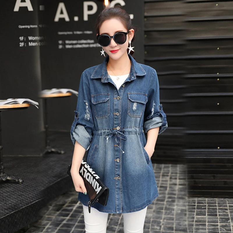 Plus Size 5XL European Denim Jacket Women Ripped Elastic Waist Long