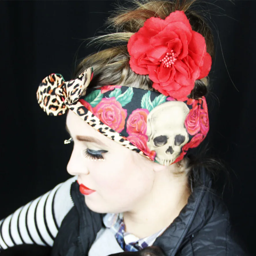 New Vintage 50s Pinup Rose Skull Leopard Print Hair Accessories