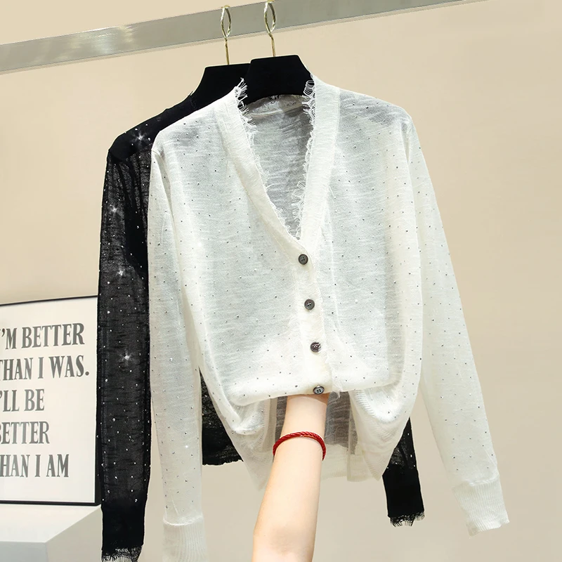 #^Special Price Lace V Neck Long Sleeve Knitted Cardigans for Women Hot Drilling Sun Protection Shirt Single Breasted All-match Knitted Top