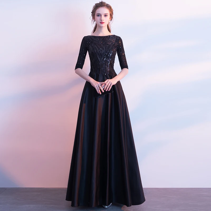 

Half Sleeves O neck A line Black Sequin Satin Elegant Prom Dresses 2019 New Long Evening Dress robe de soiree elegant