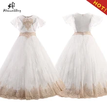 Платья с цветочным узором для девочек бальное платье с круглым вырезом, с кружевной аппликацией и коротким рукавом, платья для торжеств платье для причастия на свадьбу, сделанное на заказ, Vestido