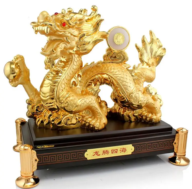 15" China Resin Gild Feng Shui Carved Beautiful Money Dragon Sculpture