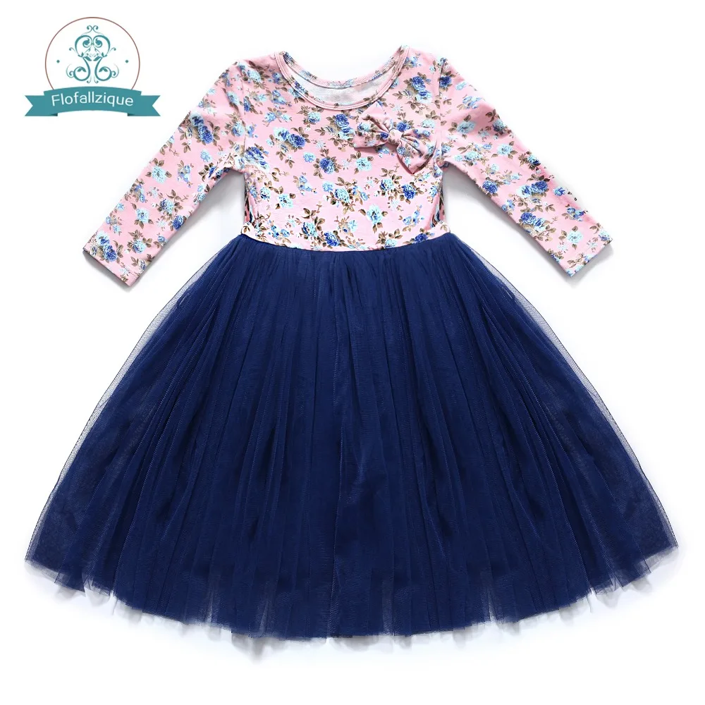 

Flofallzique pring and autumn round neck long-sleeved cotton print with bow-tie decorative tulle princess party clothes