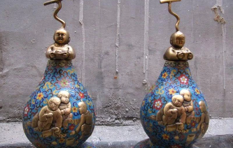

18 China Royal 100% Pure Copper Bronze cloisonne Enamel Boys gourd Pair Statue