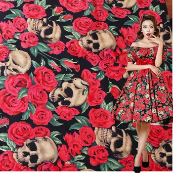 

140cm Width Skull Fabric Stretch poplin 100% Cotton Fabric Rose Skull Printed Skull Fabric Patchwork Sewing Material Diy Dress