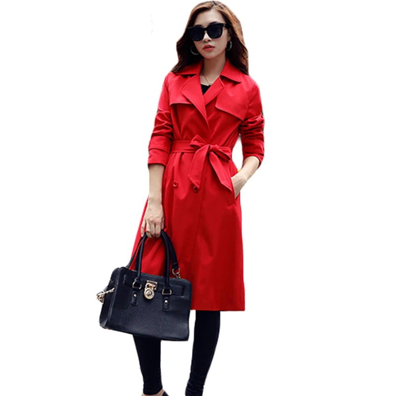 2018 Spring Autumn Fashion New Red Temperament Slim Women Long Trench Coat Turn Down Collar Double Breasted Slit Outerwear XH253