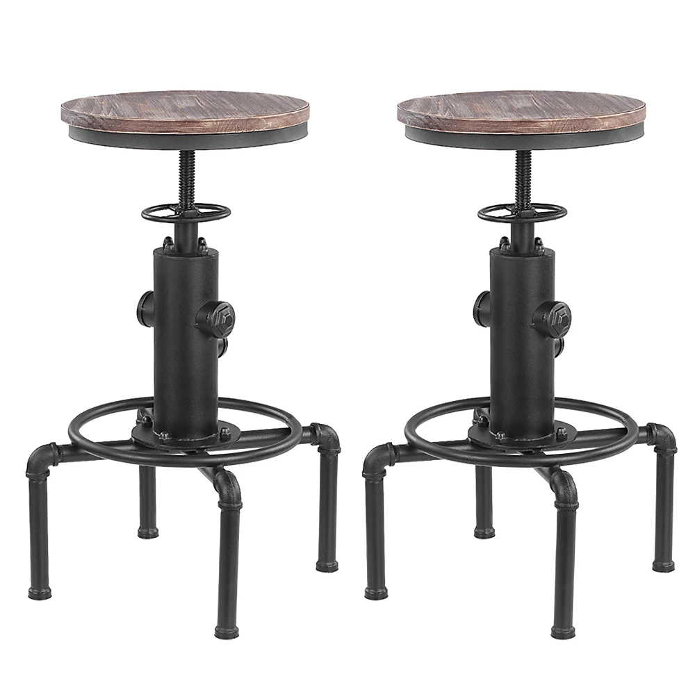 iKayaa Metal Industrial Bar Chairs Height Adjustable Swivel Pinewood Top Kitchen Dining Chair Pipe Style Barstool Bar Chairs