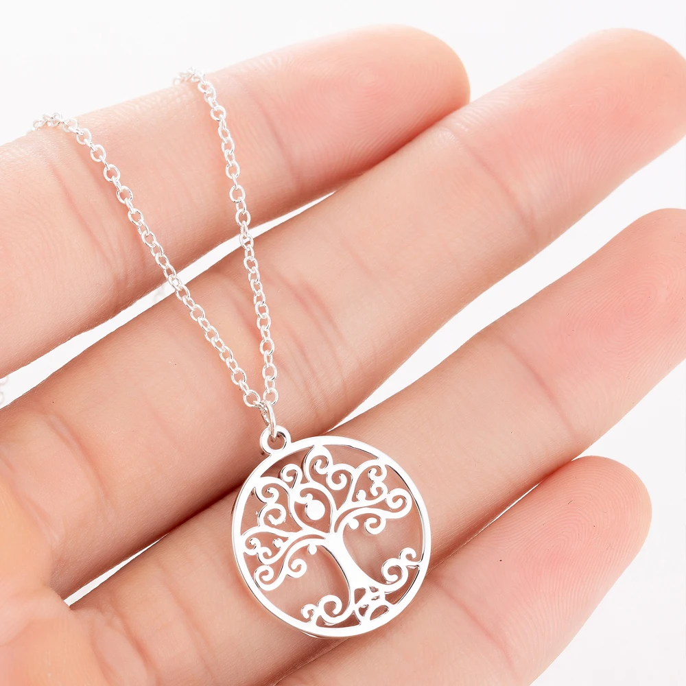 

Stainless Steel Creative Flower Shaped Tree of Life Pendant Necklace Women Classic Gothic Circle Plant Necklace
