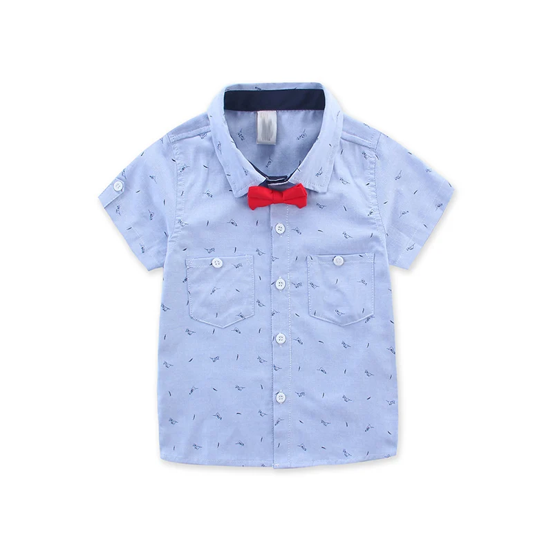 Рубашки для мальчиков, детская одежда, рубашки для мальчиков, Детская рубашка с короткими рукавами для мальчиков, рубашка с галстук-бабочка модные Костюмы детей топ, футболка для мальчиков От 2 до 8 лет - Цвет: Blue