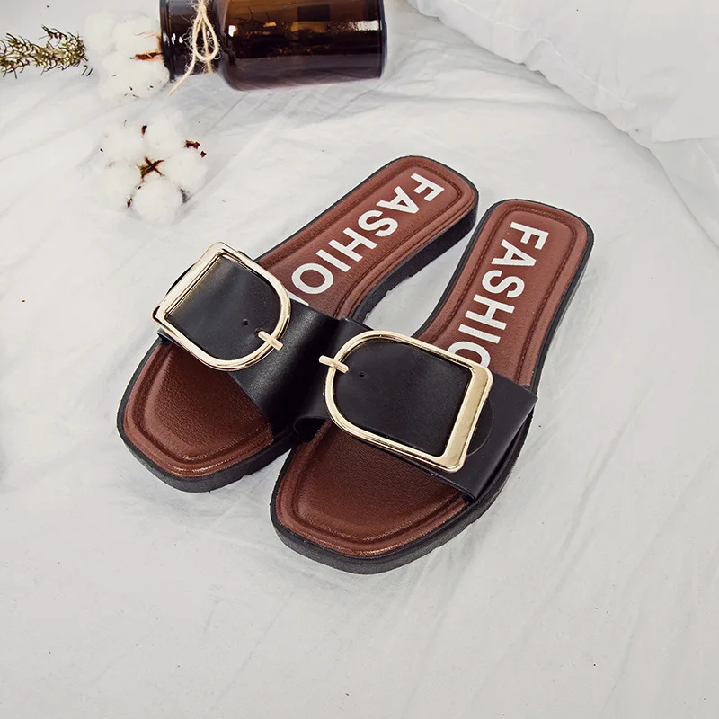 

2019 New Summer Explosion Models Drag Women's Fashion Slippers Summer Flat Gold-plated Sandals Female Summer Women Slippers