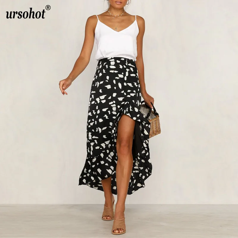 

Ursohot Sexy High Waist Polka Dot Skirts Irregular Summer Long Skirt Female Beach Boho Ruffles Streetwear Women's Skirts 2019