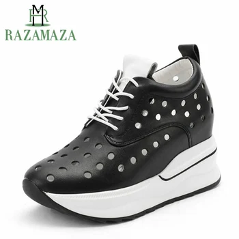 

ZALAVOR Women Real Leather Pumps Daily Casual Height Increasing Women Shoes Fashion Breath Pole Lace Up Footwear Size 34-40