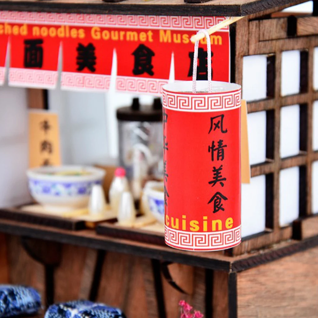 DIY Handcraft Miniature Project Wooden Dolls House Antique Handpulled Noodles Shop with LED Lights Furniture Home Decor