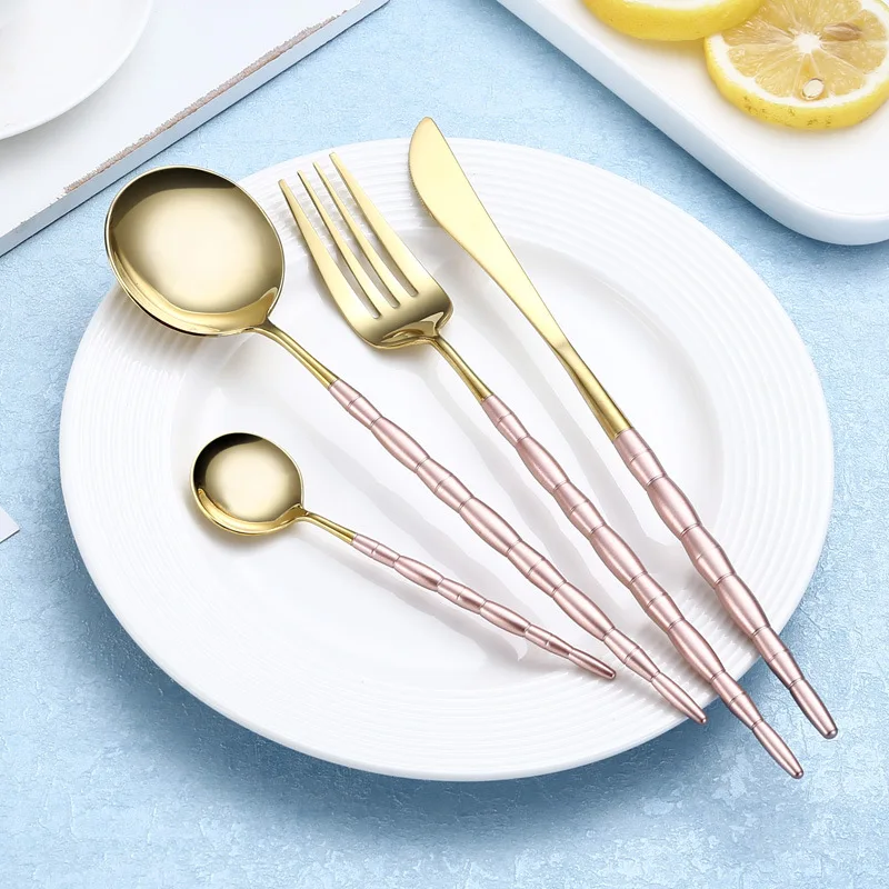 4 Pcs/Set Pink Gold Cutlery Set Blue Dinnerware Set 18/10 Stainless Steel Flatware Western