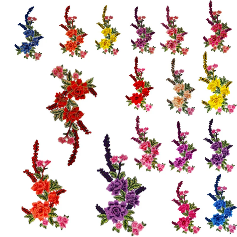 

Plant Flower Cloth Sticker Polyester Embroidery With Gold Thread Red Yellow Blue Clothing Decoration 3D Stereo Handmade Banner