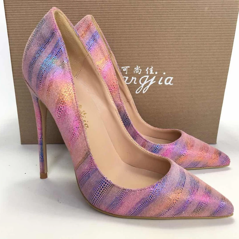 

2019 New Women High Heels 12cm bling Mixed color Strip pointed toe ol Lady pumps shallow mouth women's Dress shoes Plus Size 44