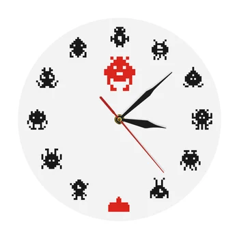

Retro Game Space Alien Invader Kid Room Wall Clock Pixel Art Invader Monster Arcade Games Modern Wall Clock Game Room Wall Art