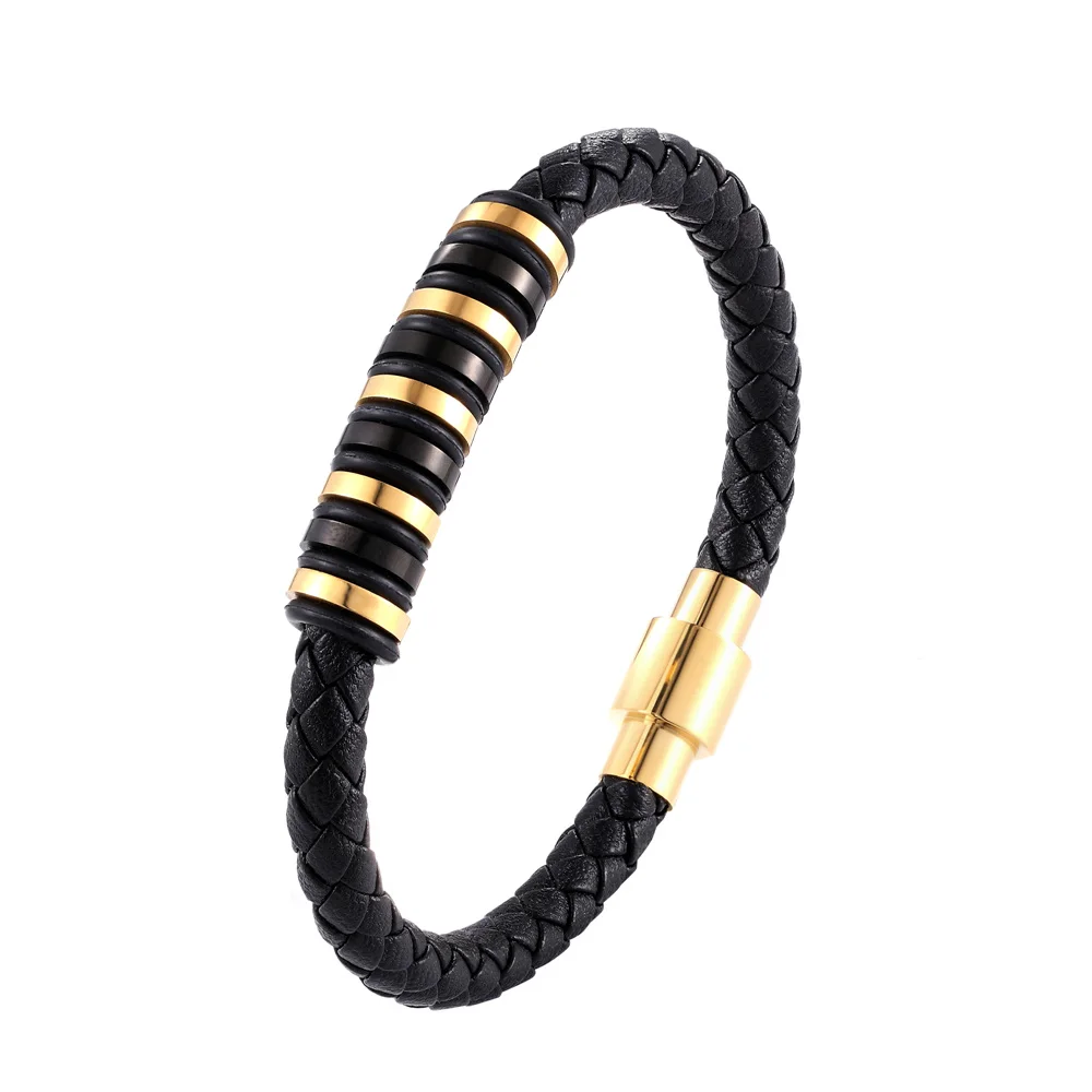 

2019 New Brand Bracelet Men Bracelet ID Bangle Black Braided Genuine Leather Women Bangle Stainless Steel Male Jewelry Pulseira