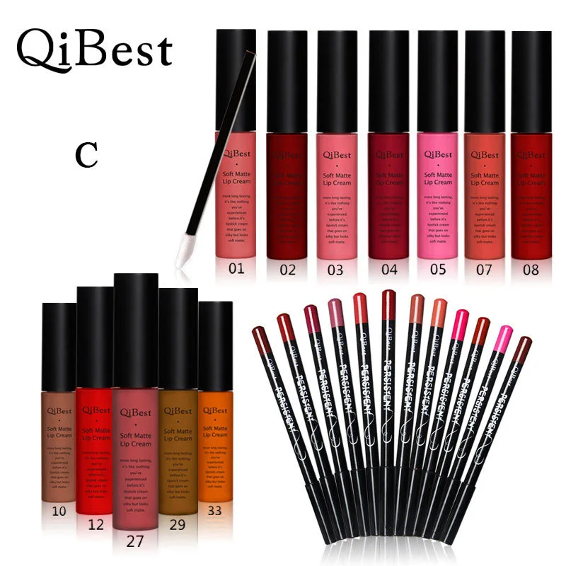 Qibest Makeup Set 12 Colors Lip Gloss + 12 Colors Pencil + 12 Lip Brush